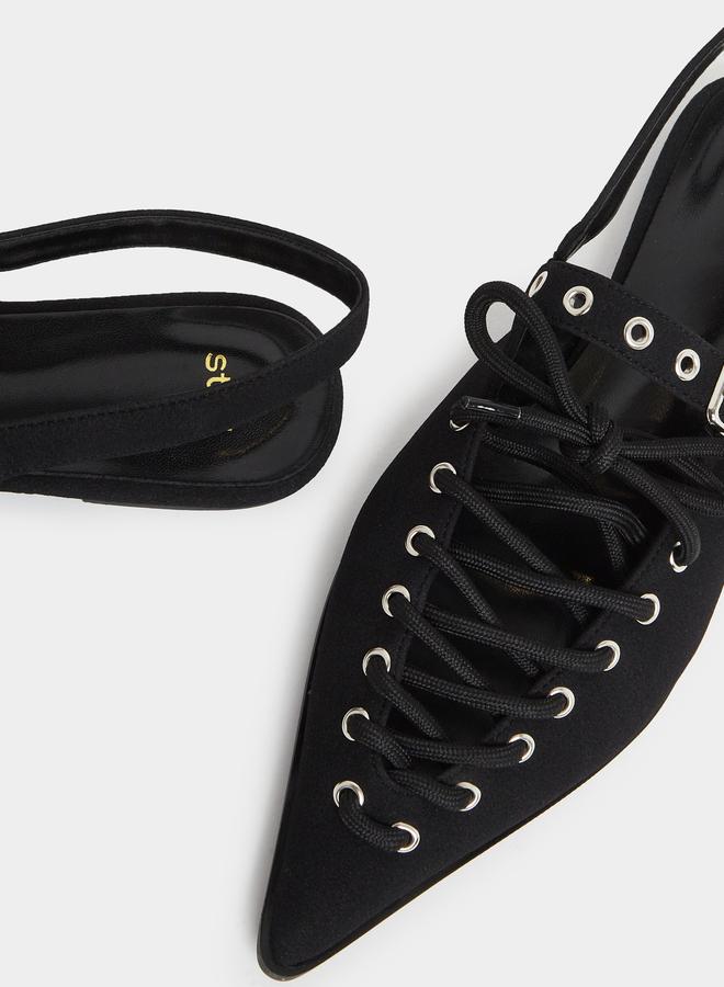 Styli Black Lace-Up Pointed Toe Slingback Shoes - Image 3